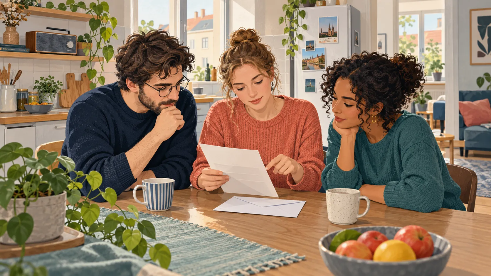 سه هم‌خانه در حال بررسی یک قبض در آشپزخانه مشترک